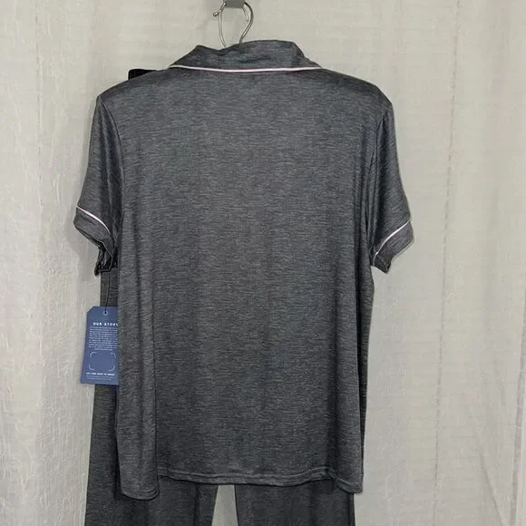 Life is Good L-XL Gray Pink Trim Notch Collar 2 pc Short Sleeve Top Pants PJ Set - Picture 10 of 16